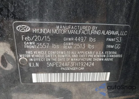2015 Hyundai Sonata Se from USA, damaged, VIN 5NPE24AF3FH192424